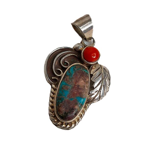 Richard Begay Jewelry - Vintage Richard Begay Sterling Silver Navajo Turquoise Coral Pendant READ